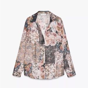 ZARA patchwork floral print, semi-sheer button front blouse XS NWT